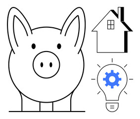 Piggy bank, house, and lightbulb with gear represent savings, financial planning, homeownership, and innovation. Ideal for finance, investment, real estate technology sustainability cost-saving