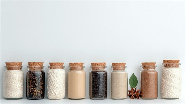 A collection of small glass jars with cork stoppers, each filled with different items like spools of thread, dried tea, and spices, displayed on a shelf.