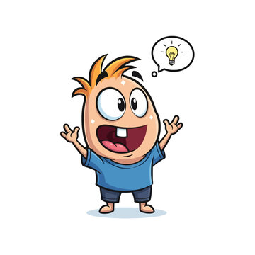 A cheerful cartoon boy with a missing tooth has a bright idea, lightbulb thought bubble.