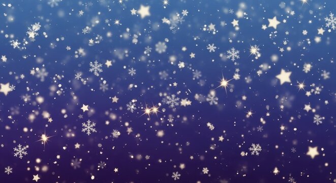Magical winter sparkle with floating snowflakes and stars on gradient background of blues and