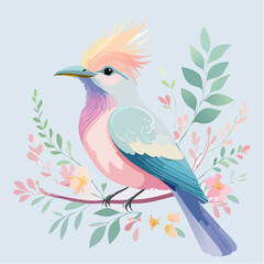 Naklejka premium Whimsical pastel bird with crested feathers perched on a branch surrounded by delicate flowers and leaves, evoking a sense of spring and gentle beauty