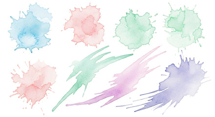 Colorful pastel watercolor paint splashes and brush strokes set