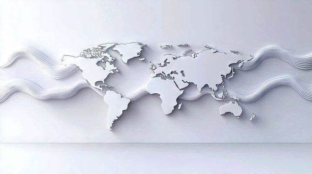 A minimalist white world map is presented against a clean, bright background, with abstract, flowing white wave-like shapes on either side.