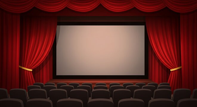 Empty theater screen with red curtains and rows of seats - Powered by Adobe