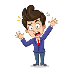 Cartoon illustration of a surprised man with his hands up, looking shocked and scared.