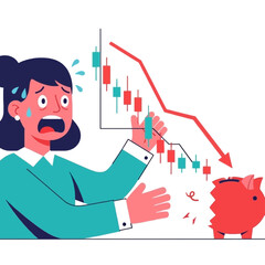 Worried woman with broken piggy bank and falling stock market chart.