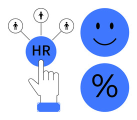 Human resources core. Human resources connect team management, percentages show efficiency, and happy face employee engagement. For HR solutions, team strategies, analytics tools, workplace culture