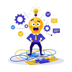 Illustration of a lightbulb-headed person with gears, checkmarks, and puzzle pieces, representing ideas and problem-solving.