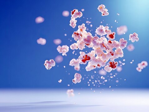 A dynamic composition of popcorn pieces exploding and scattering in mid-air against a vibrant blue backdrop, with a soft, reflective surface below.