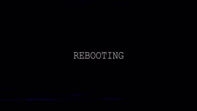 4k stock | Glitch rebooting black background text animation computer system suitable for showcasing system errors, boot sequences, or digital transitions.