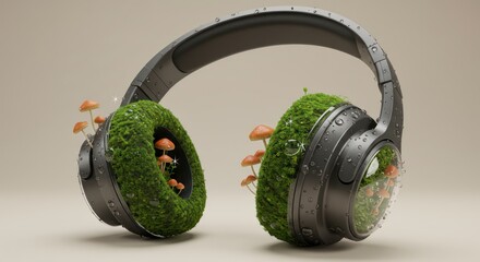 Over-ear headphones covered in moss and mushrooms, depicting nature and sound.