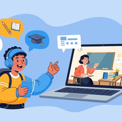 Young student engaged in online learning with a laptop and virtual teacher, surrounded by educational icons.