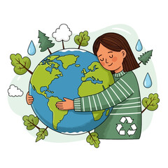 A young person lovingly hugging the Earth, surrounded by trees, clouds, and raindrops, with a recycling symbol on their sweater, symbolizing environmental care and sustainability.