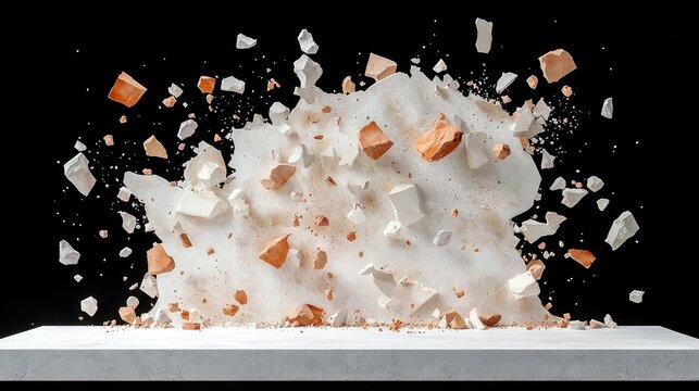 A dynamic explosion of white and terracotta colored powder and rock fragments erupts against a stark black background.