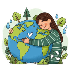 A cartoon illustration of a young girl lovingly hugging the Earth, surrounded by trees and raindrops, symbolizing environmental care and sustainability.