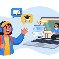 Young student with headphones engaged in online learning, interacting with a virtual teacher on a laptop screen.