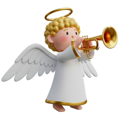 A cute, cartoonish angel with wings and a halo playing a trumpet.