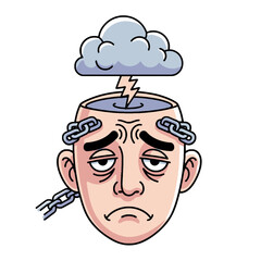 A cartoon illustration of a tired, sad person's head with a storm cloud and lightning striking into it, and chains wrapped around, symbolizing mental distress and burden.