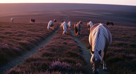 Herd of horses grazing on a heather moor at sunset.