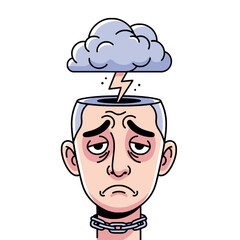 Illustration of a person with a storm cloud and lightning inside their head, depicting mental distress, sadness, and feeling trapped.