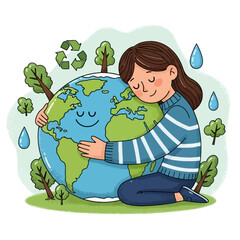 A young girl lovingly hugging the Earth, surrounded by trees, water drops, and a recycle symbol, symbolizing environmental care.