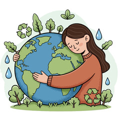 A cartoon illustration of a woman lovingly hugging the Earth, surrounded by trees, leaves, water droplets, and recycling symbols, symbolizing environmental care and sustainability.