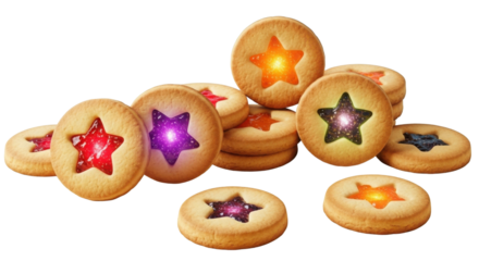 Festive Stack of Round Christmas Cookies with Brightly Colored Glowing Star Centers isolated on Transparent Background