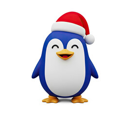 Obraz premium A blue penguin wearing a red Santa hat, standing on a png transparent.