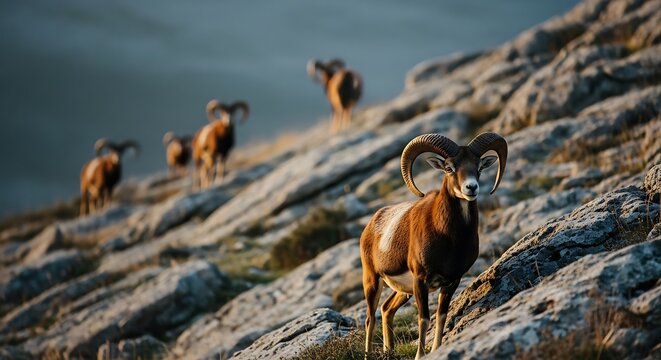 Herd of majestic urials grazing on a rocky mountain slope.