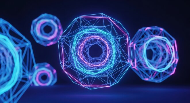 Abstract geometric neon wireframe with a tunnel effect for futuristic concept visuals