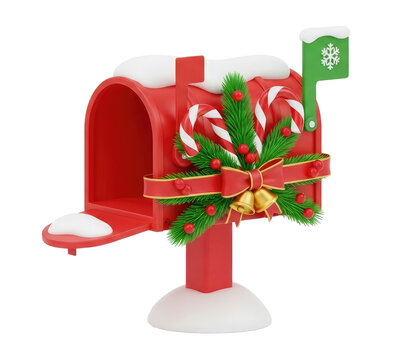 A red mailbox with snow on it, decorated with Christmas decorations, including candy canes and a green flag with a snowflake on it.