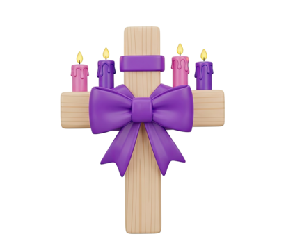 A wooden cross with purple ribbon and candles on a png transparent.
