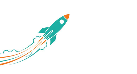 Stylized rocket launching upward with a fiery propulsion trail