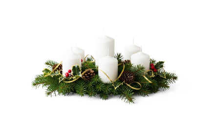 A white Christmas wreath with greenery, pine cones, and red berries.