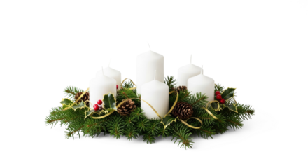 A white Christmas wreath with greenery, pine cones, and red berries.