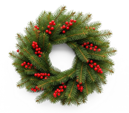 A Christmas wreath with red berries and green branches on a png transparent. - Powered by Adobe