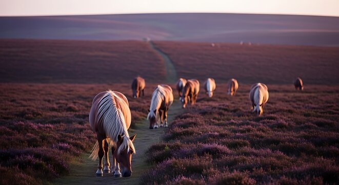 Herd of wild horses grazing on a moorland path at sunset.