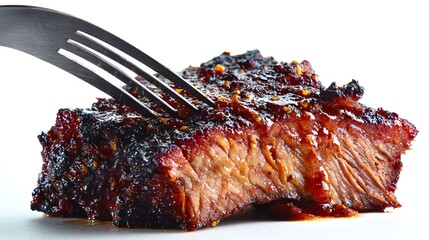 Close-up of fork holding piece of glazed roasted barbecue meat, delicious savory meal concept with grilled texture, smoky flavor, and traditional cuisine focus