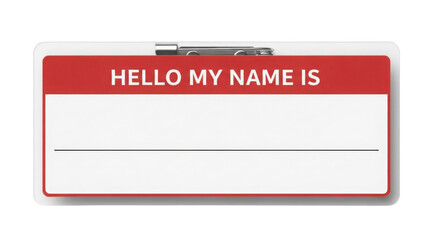 Realistic Isolated Red 'Hello My Name Is' Name Tag Badge Mockup isolated on Transparent Background