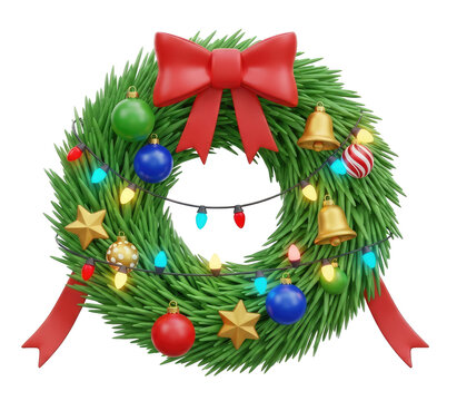 A Christmas wreath with green branches, red ribbon, and colorful ornaments. - Powered by Adobe