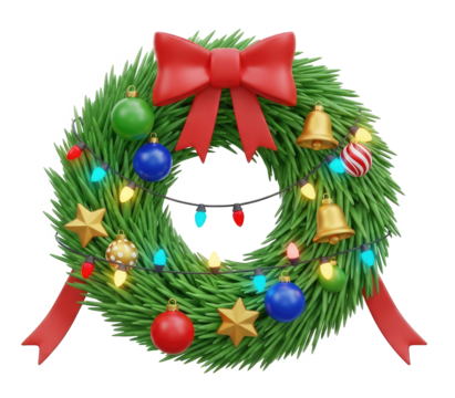 A Christmas wreath with green branches, red ribbon, and colorful ornaments.