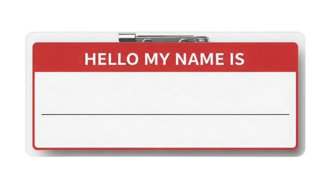 Realistic Isolated Red 'Hello My Name Is' Name Tag Badge Mockup isolated on Transparent Background