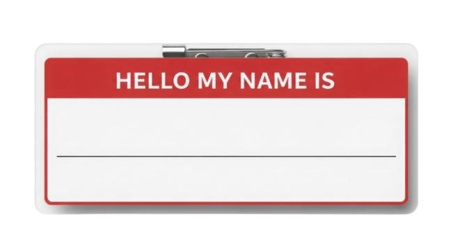 Realistic Isolated Red 'Hello My Name Is' Name Tag Badge Mockup isolated on Transparent Background