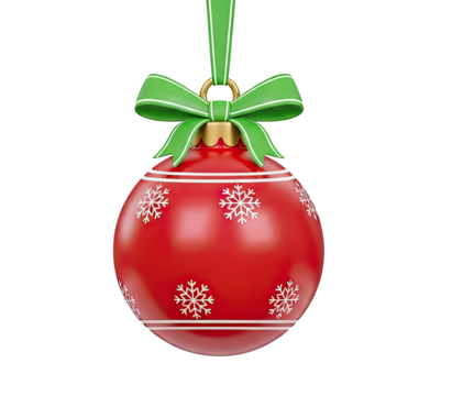 A red Christmas ornament with a green ribbon and a white snowflake design.