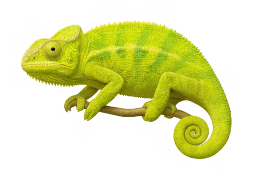 Green chameleon perching on branch, showing adaptation and camouflage, transparent background for design flexibility