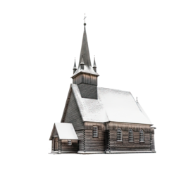 A wooden church with a snow-covered roof and a spire, set against a png transparent.