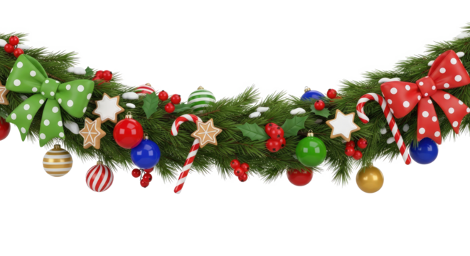 A festive Christmas garland with green and red decorations, including baubles, candy canes, and holly leaves, against a png transparent.