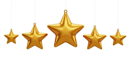 Golden stars hanging from white strings against a png transparent.