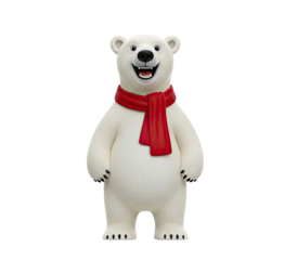 A cheerful polar bear in a red scarf standing against a png transparent.