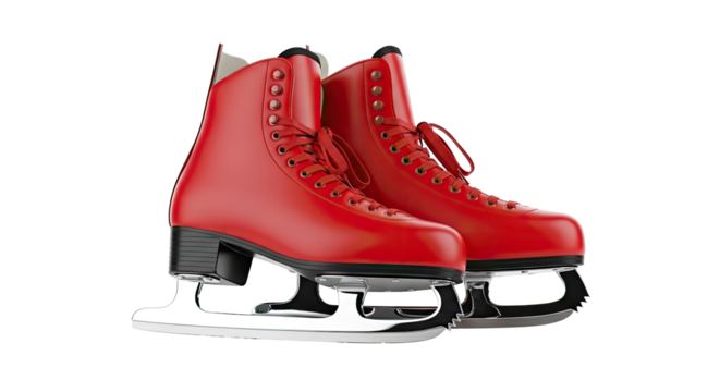 A pair of red ice skates on a png transparent.